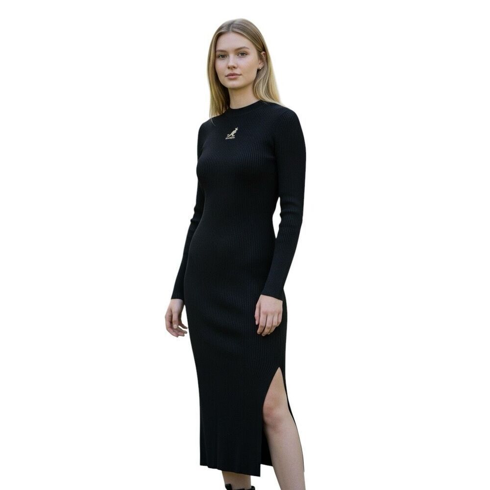 Kangol x H&M Mock Neck Long Sleeve Midi Dress Black Bodycon L Y2K